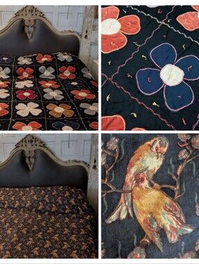 Antique Velvet Floral Appliqué Quilt On Black Chinoiserie Chintz Back 72x80